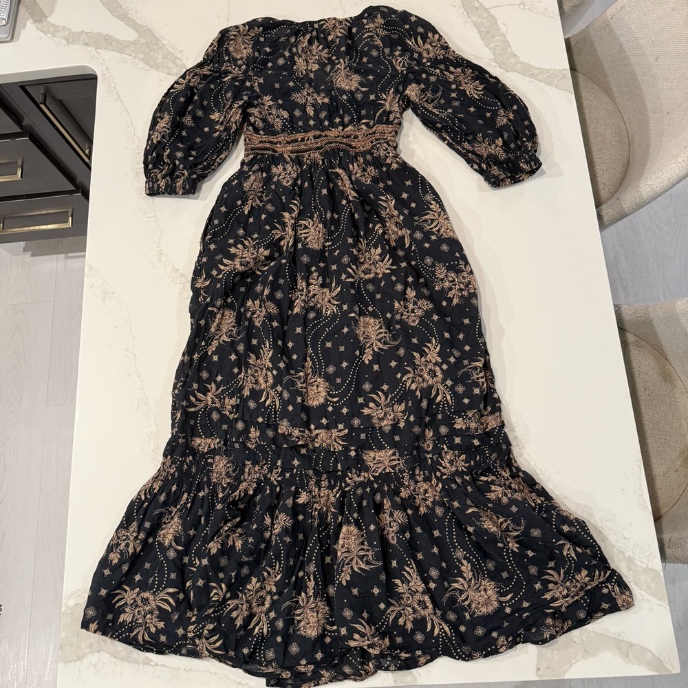 Free People Golden Hour Smocked Bodice Cotton Maxi Dress Women’s XS Black/Beige - Picture 13 of 15